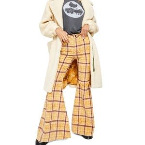 NWT Free People Flare Corduroy Mustard Plaid Sz 24